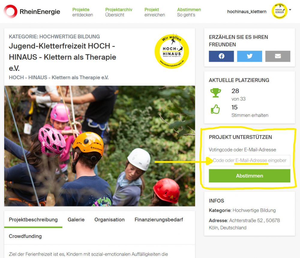 RheinStart Voting Kletterfreizeit Köln für HOCH - HINAUS - Klettern als Therapie e.V.