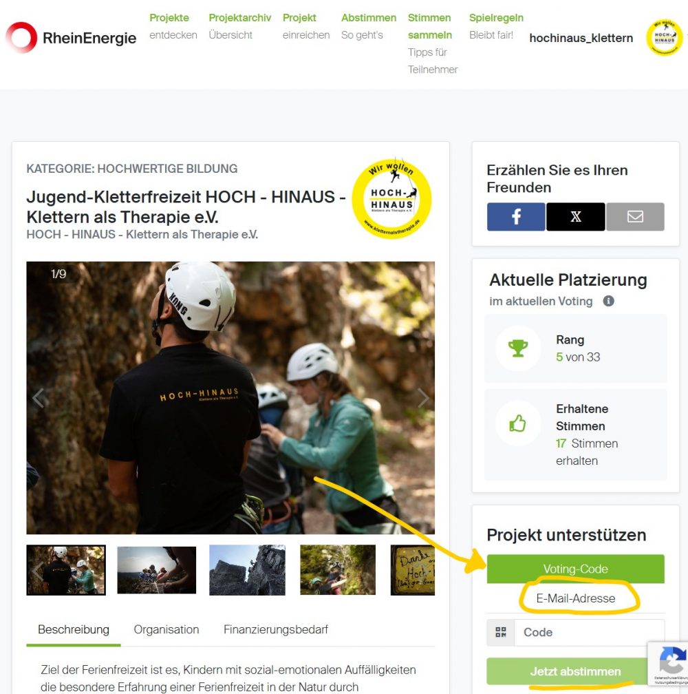 RheinStart Abstimmung Kletterfreizeit 2025 Köln für HOCH - HINAUS - Klettern als Therapie e.V.